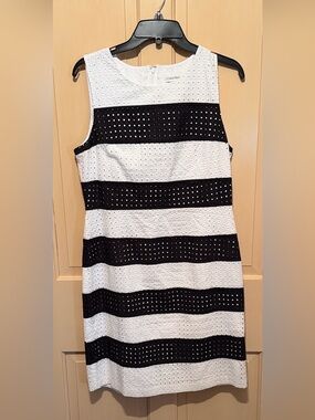 Calvin Klein Black & White Eyelet Striped Midi Dress